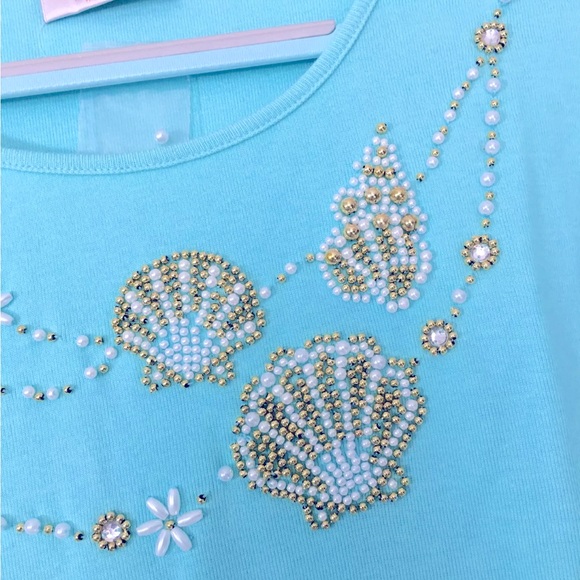 Quacker Factory Womens Top Plus Size 3X Blue Beaded Embellished 3/4 Sleeve - Picture 4 of 6